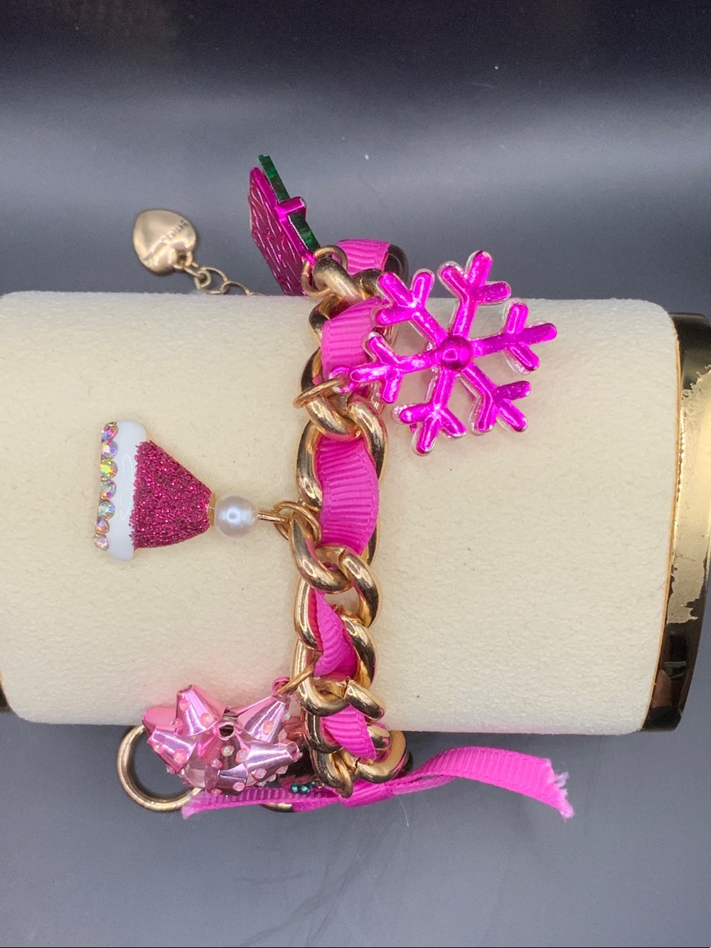 Betsey Johnson Hot Pink Ribbon Charm Bracelet with Gold Chain
